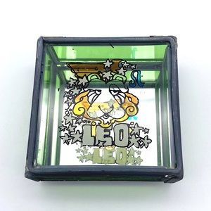 Vintage zodiac Leo glass mirror metal hinged jewelry box